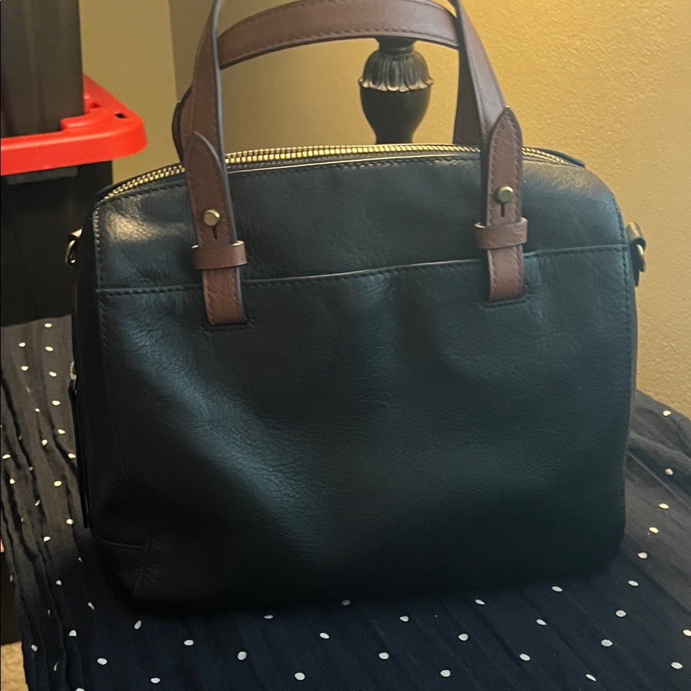 Fossil Black Leather Crossbody Satchel with Brown Handles - Picture 3 of 3